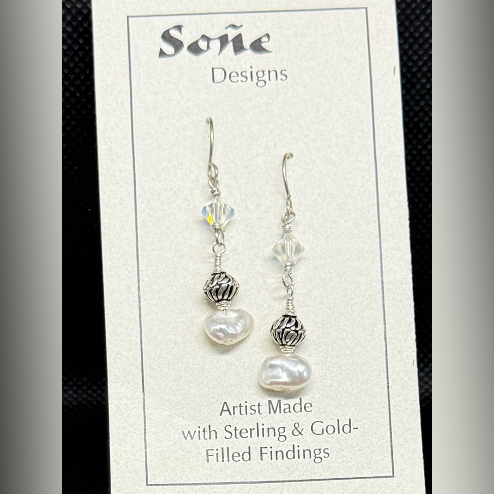 Genuine Freshwater Pearl, Sterling silver and AB crystal earrings